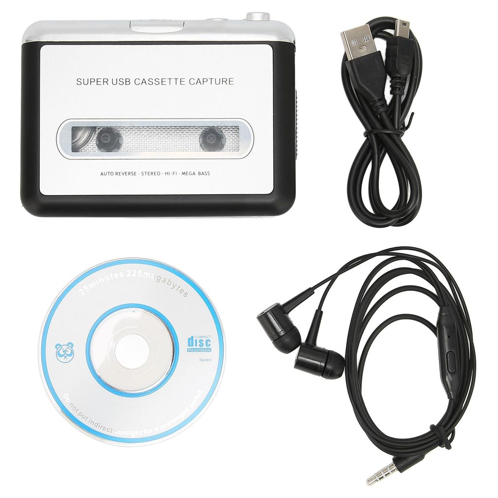 A collection of items for a portable cassette player, including the player itself, a USB cable, earphones, and a CD.