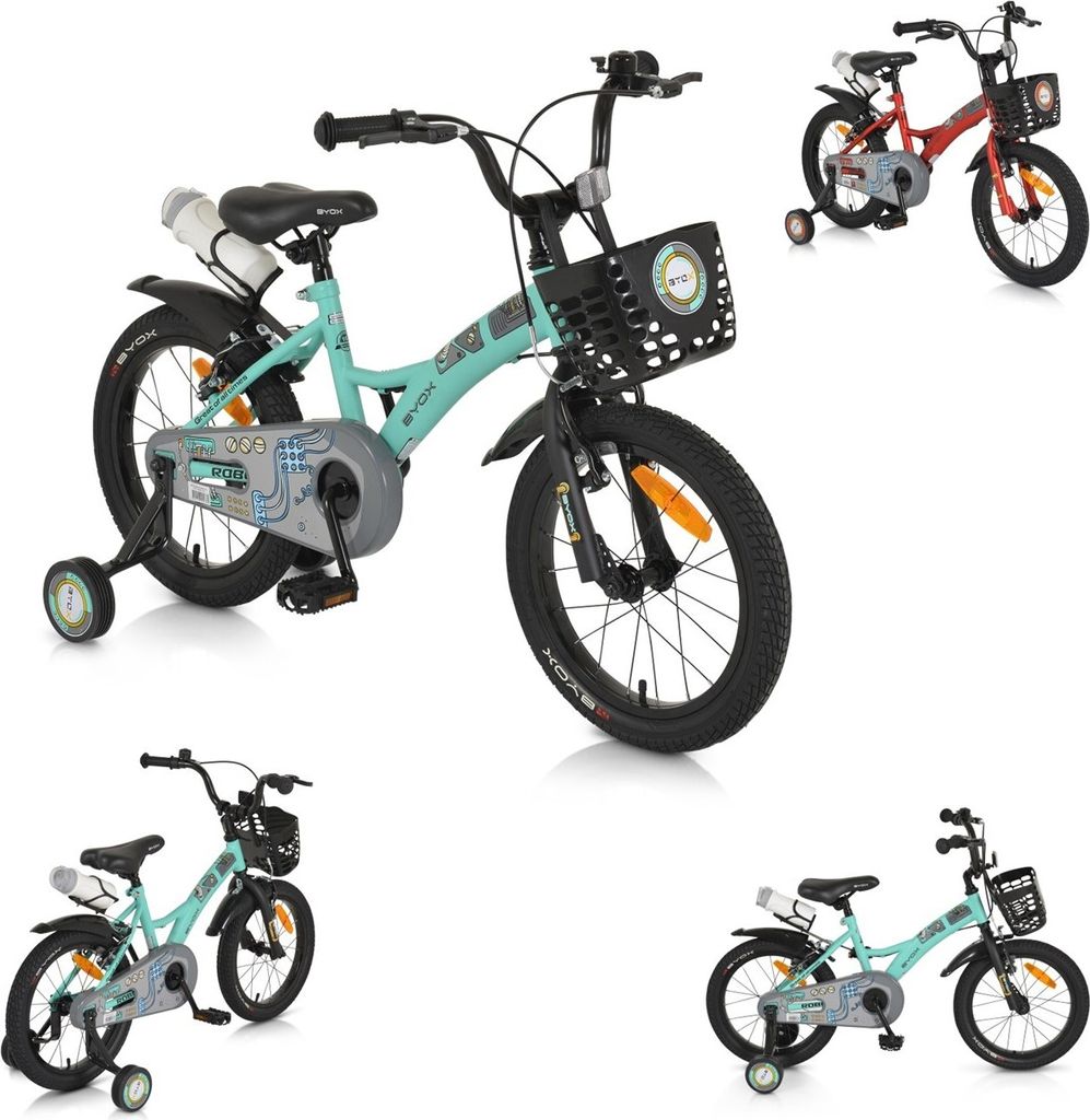 Byox Kinderfahrrad Robo 16 Zoll Stützräder, Flasche, Klingel, Korb, Metallrahmen grün