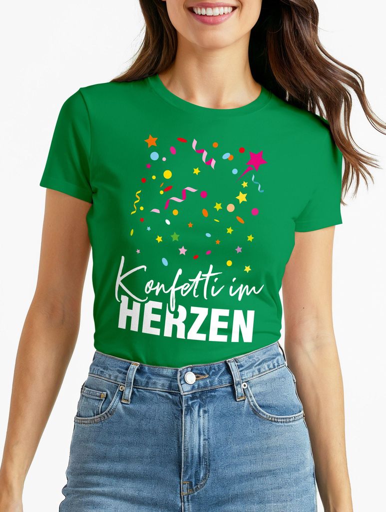 Damen T-Shirt Fasching Karneval Konfetti im Herzen Kostüm-Ersatz Verkleidung Funshirt Frauen Moonworks