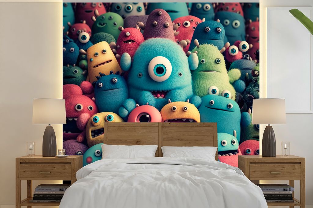 MuchoWow Fototapete für Wohnzimmer oder Schlafzimmer Wandtapete Vinyl Motivtapete Kinder - Monster - Regenbogen - Design - Mädchen - Jungen - 3...