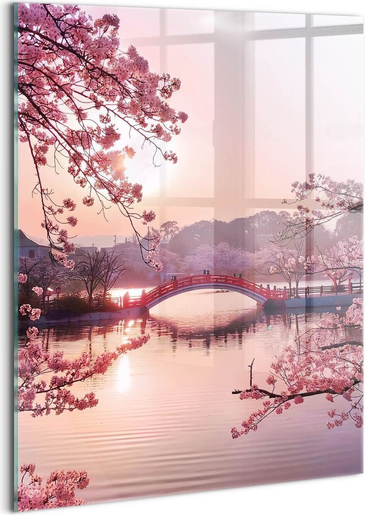Designer Glasbild - Wandbild - Glas Bild - 60x80 cm - Kirschblüten Und Brücke – Japanischer Stil