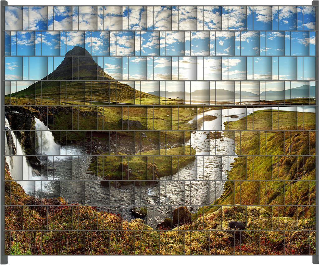 Wallario Zaunsichtschutz mit Motiv Island Panorama Fluss Berge und blauer Himmel für Ein- und Doppelstabmatten Zäune in der Größe 250 x 200 cm