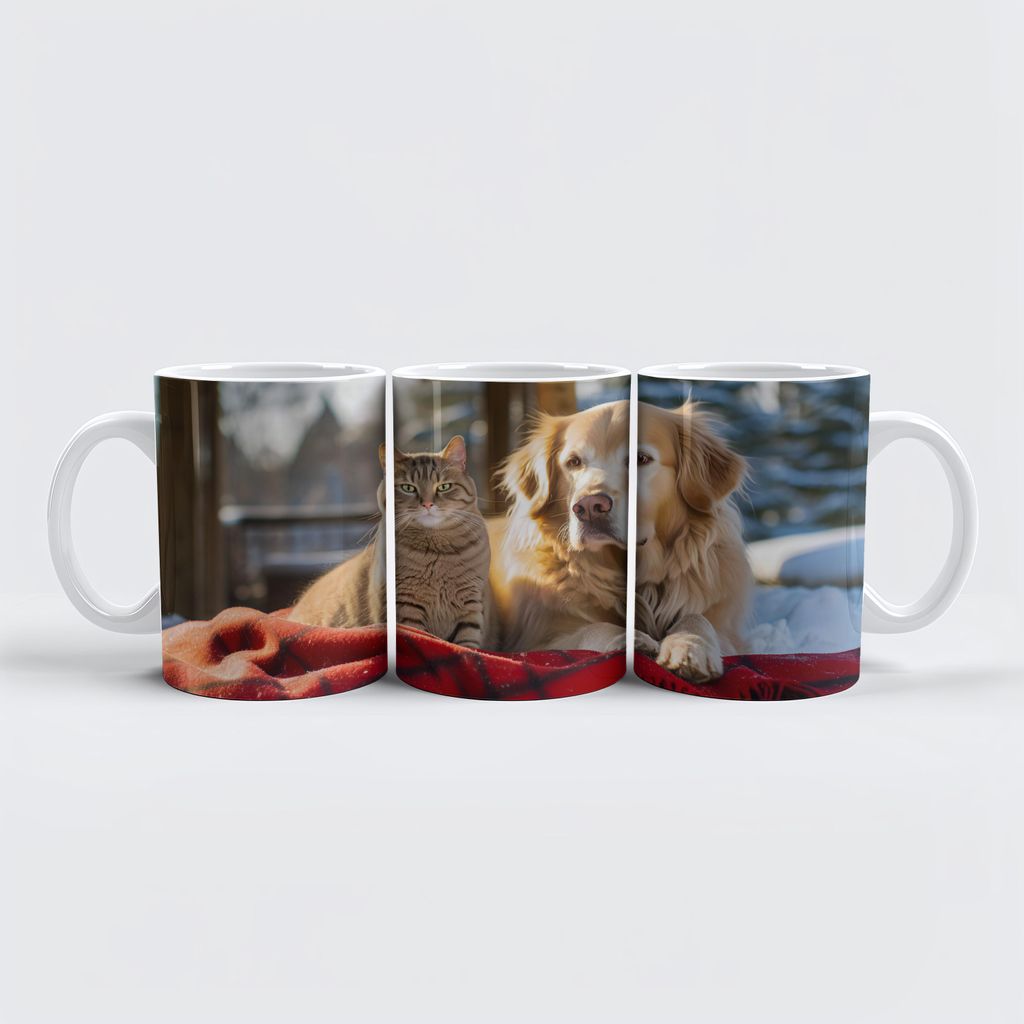 raxxa Premium-Tasse "Cozy Companions: Labrador and Gray Cat Snuggle on Blanket Amidst Snowfall"