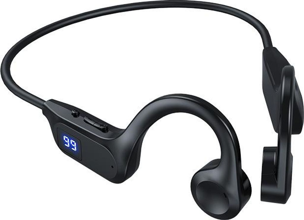 A pair of black bone conduction headphones on a white background.