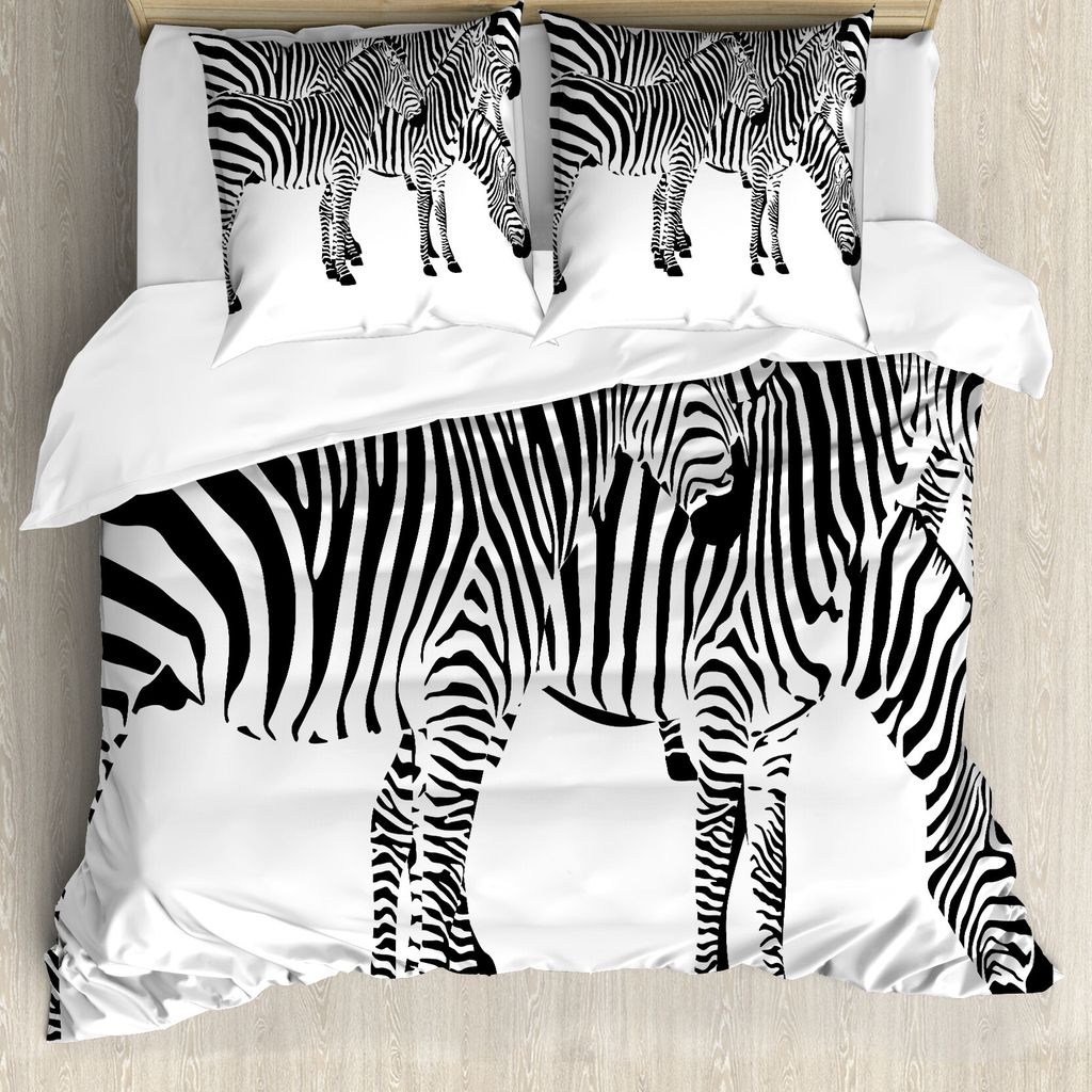 ABAKUHAUS Safari Bettbezug, Wilde Zebras, Milbensicher Allergiker geeignet mit Kissenbezügen, 200 cm x 200 cm - 80 x 80 cm, Schwarz und weiß