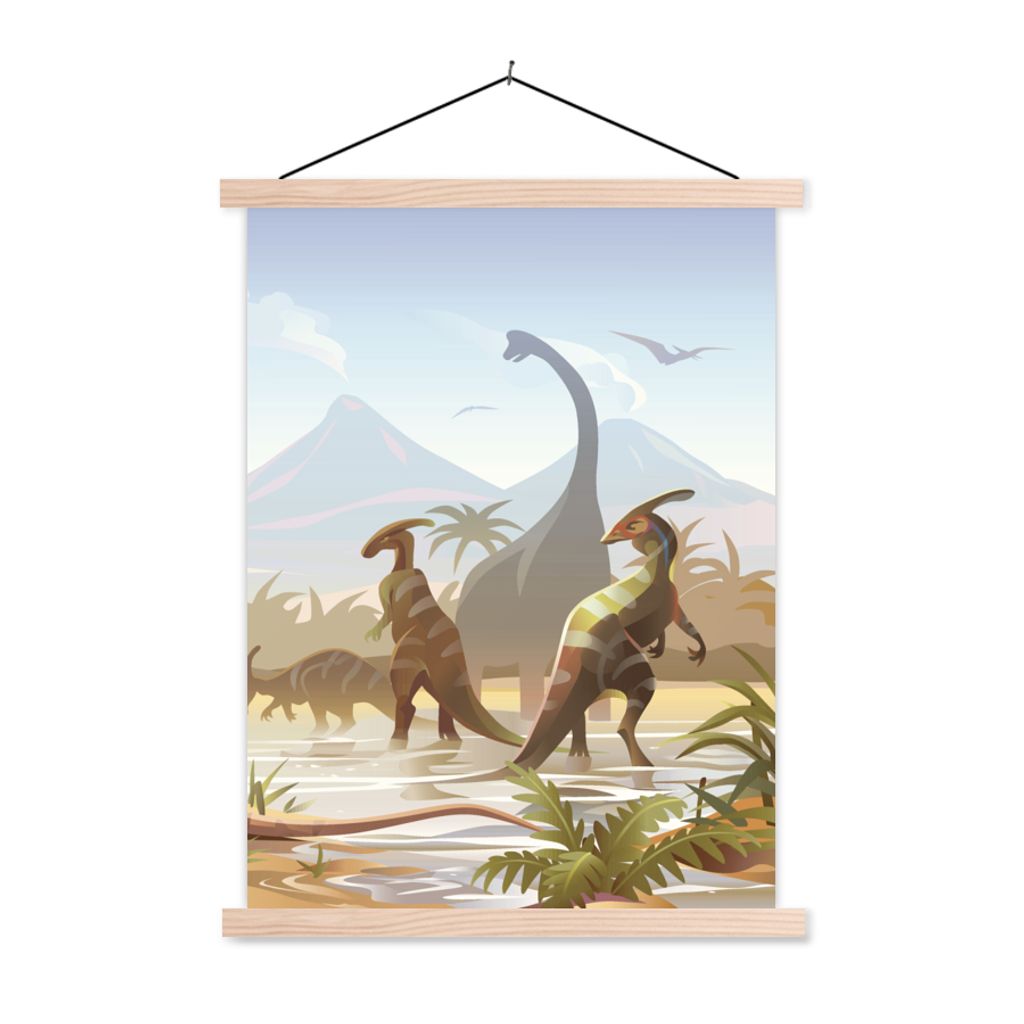 MuchoWow Textilposter Dinosaurier - Landschaft - Tropisch - Kinder - Jungen 120x160 cm mit holzfarbenen Rahmen - Plakatkarton