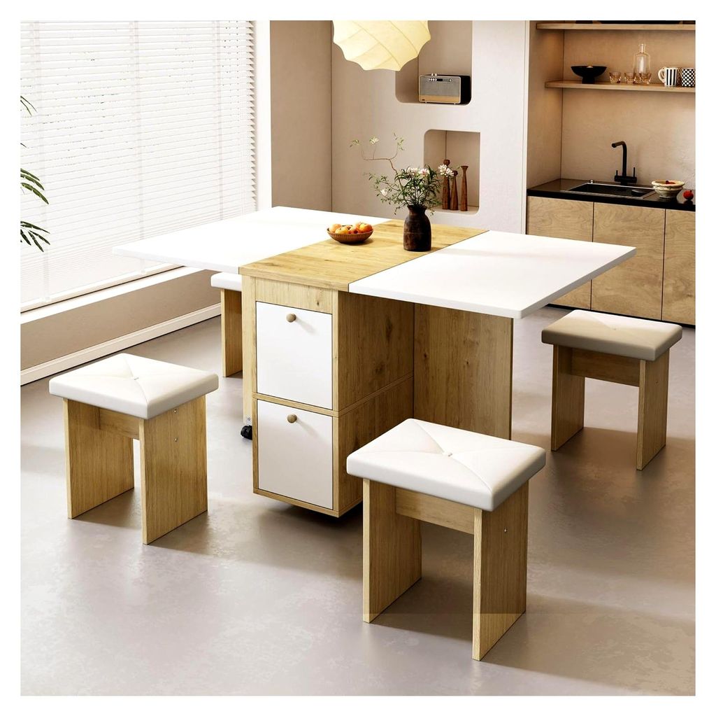 Esstisch-Set mit Esstisch und 4 Stühlen, 120 * 80 * 75 cm, Ausziehbarer und Klappbarer Multifunktionaler Esstisch, Esszimmerstühle, Weiß + Eiche...