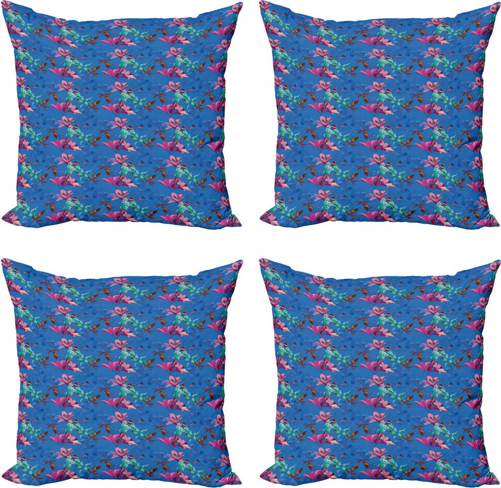 ABAKUHAUS Blumen Kissenbezug Set (4 Stück), Blühende Lilien und Phloxes, Moderner Doppelseitiger Digitaldruck, 45 cm x 45 cm, Azure Blau Multicolor