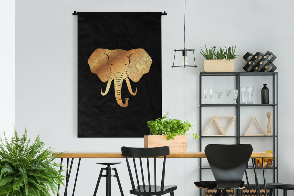 MuchoWow Wandteppich Wandbehang Elefant - Gold - Muster 120x180 cm Tapisserie Dekoration Wandtuch - Schlafzimmer - Dekorationen für das Haus