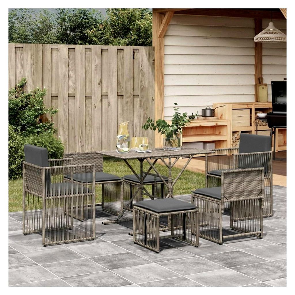 PolyRattan Gartenmöbel Essgruppe für 6 Personen, bestehend aus 2 Gartensesseln, 1 Tisch, 2 Hockern und 2 Gartenstühlen ohne Armlehnen, geeignet ...