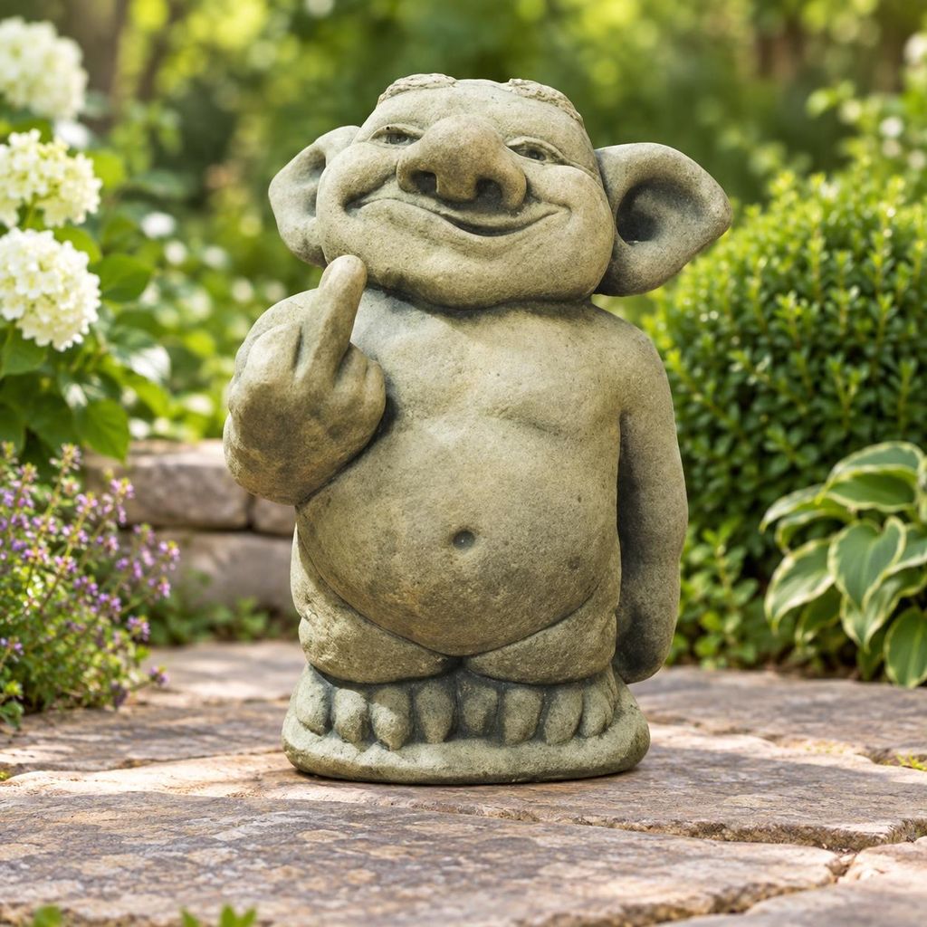 Steinguss Deko Gartenfigur Troll mit Stinkefinger Produktbild 