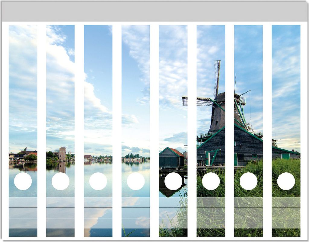 Wallario Ordnerrücken Sticker, selbstklebend für schmale Ordner, 8 Stück, Motiv Alte Windmühle an einem Fluss