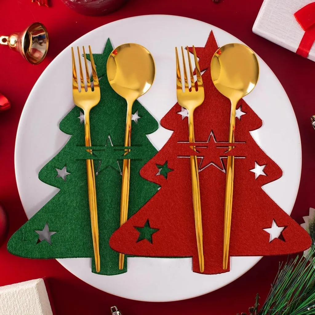 Décoration de table Noël : 8 porte-couverts sapins en feutre bicolore