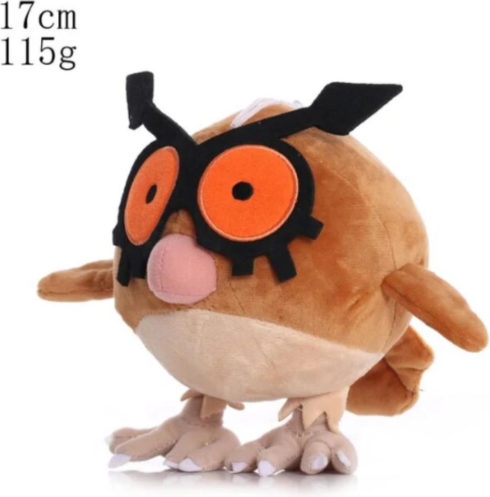 A plush toy of the Pokemon Hoothoot, shown from the side against a white background.