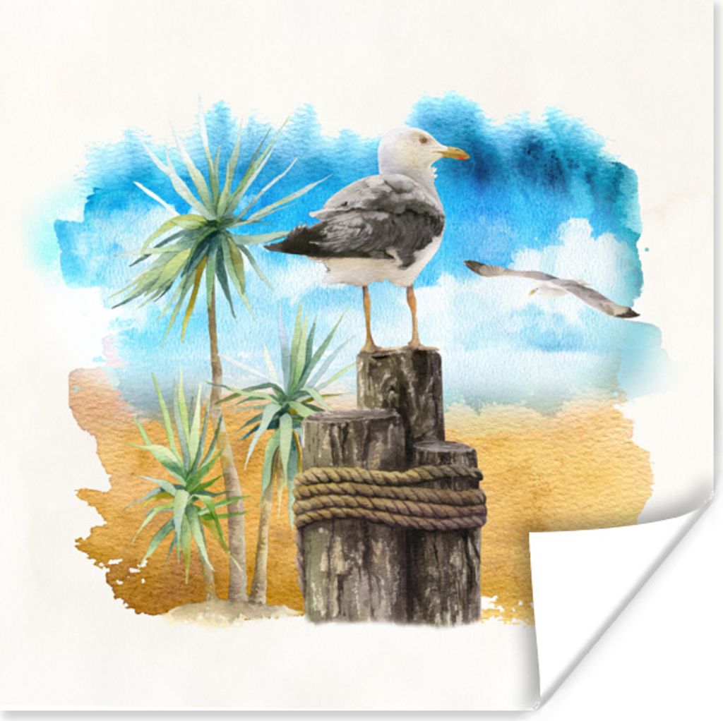 MuchoWow Poster Vogel - Baum - Strand - Aquarell 50x50 cm - Wohnzimmerdekoration