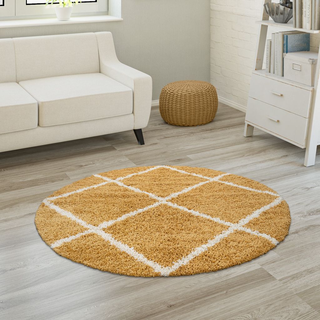 Hochflor Teppich Weicher Wohnzimmer Shaggy Skandinavischer Stil Rautenmuster Grösse Ø 120 cm Rund