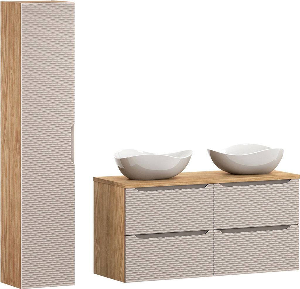Badmöbel Set 2-teilig mit 120cm Doppelwaschtisch, Eiche mit beige, OLUO-56-BEIGE