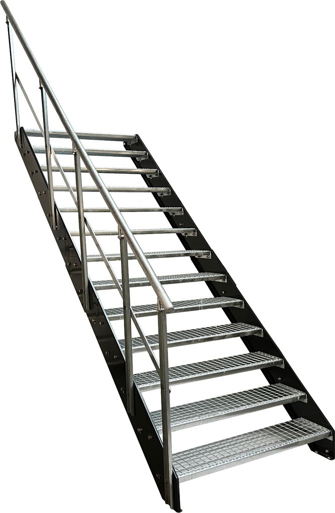Stahl Wangentreppe Gitterroststufen 13 Stufen Geländer Links - Verzinkt & Anthrazit pulverlackierten Wangen - (B x H x T) 60 x 247 x 253 cm