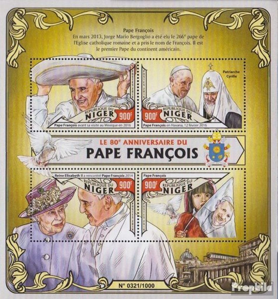 Briefmarken Niger 2016 Mi 4037-4040 Kleinbogen (kompl. Ausg.) postfrisch Papst Franziskus
