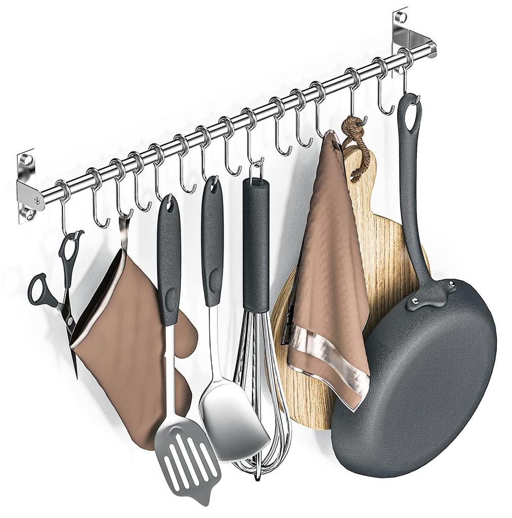Küchenregal aus Edelstahl, Hängeregal, Küchenutensilienhalter, Edelstahl, Topfhalter, Tassenhalter mit 15 Haken für Küchenutensilien, Küchenz...