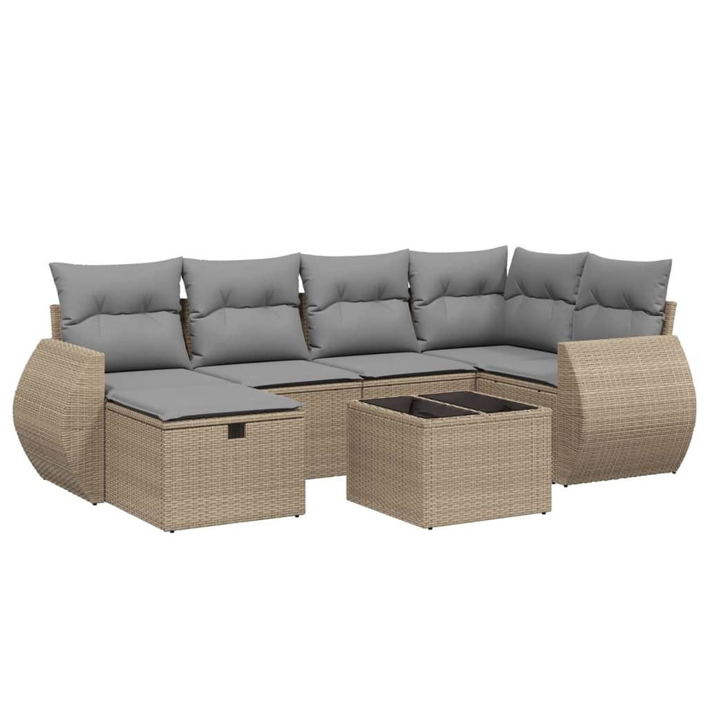 7-tlg. Garten-Sofagarnitur mit Kissen Beige Poly Rattan