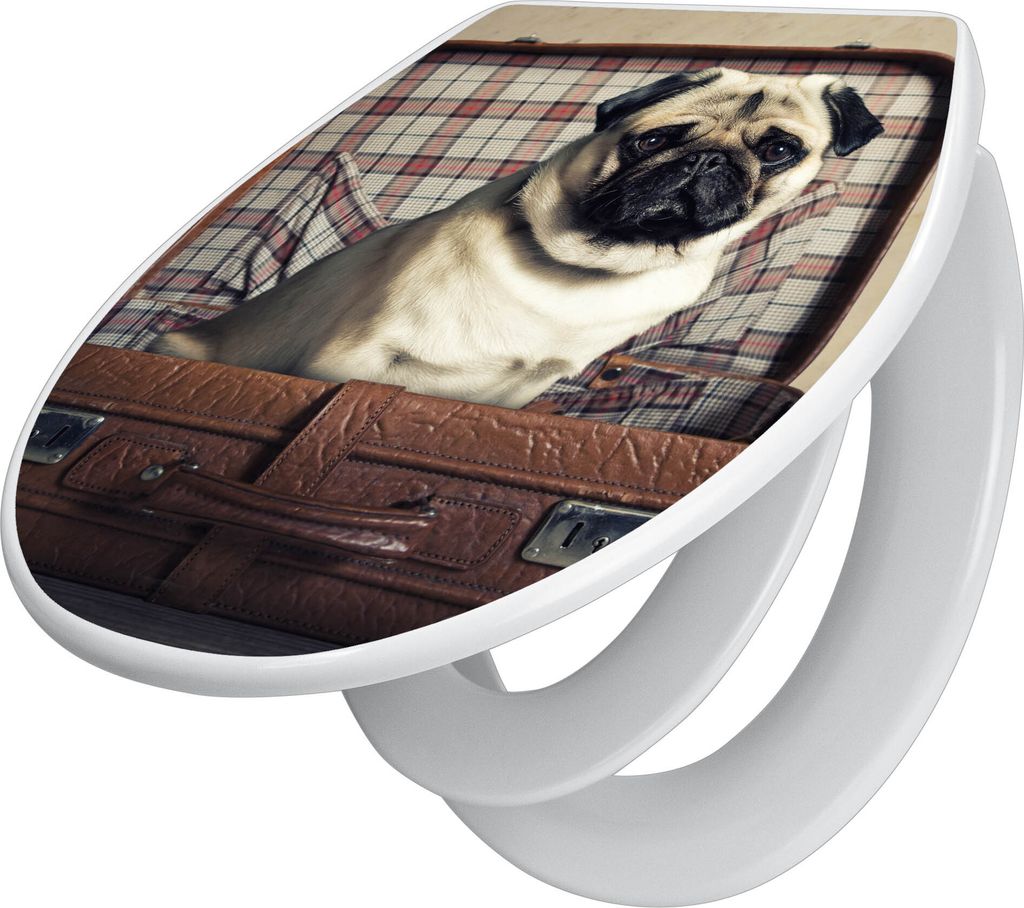 banjado Familien WC Sitz mit Absenkautomatik 37x44,5x5cm -Mops im Koffer - Klodeckel/Klobrille mit kindersitz aus hochwertigem Polypropylen - unive...