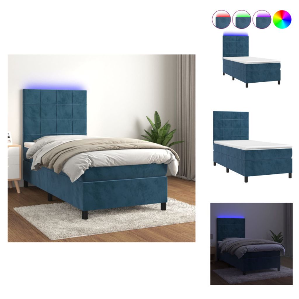 vidaXL Boxspringbett mit Matratze & LED Dunkelblau 90x200 cm Samt - Betten & Bettgestelle