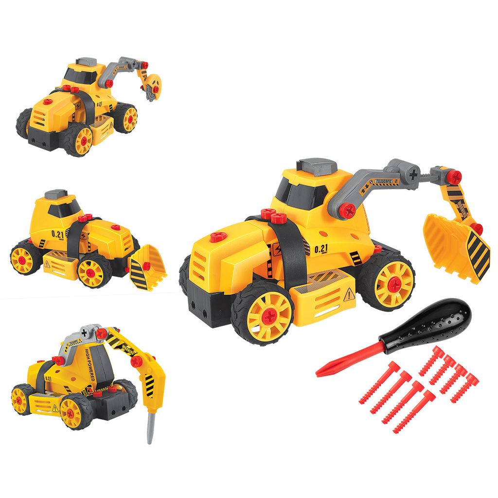 NEO TOOLS Bagger Spielzeug, 4 in 1: Bulldozer, Auslegerhammer, Bagger mit Ausleger, Kreissäge mit Ausleger, Baustellenfahrzeuge