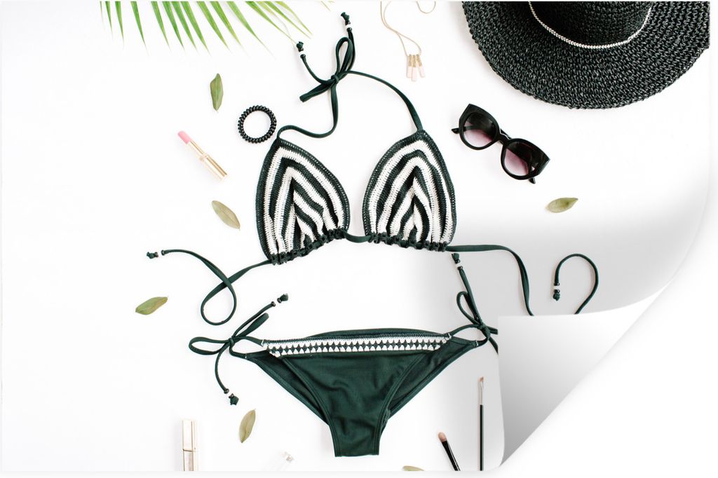 MuchoWow Wandtattoo Wandsticker Wandaufkleber Bikini - Schwarz - Hut 60x40 cm Selbstklebend und Repositionierbar - Wierderverwendbar - Selbstklebend