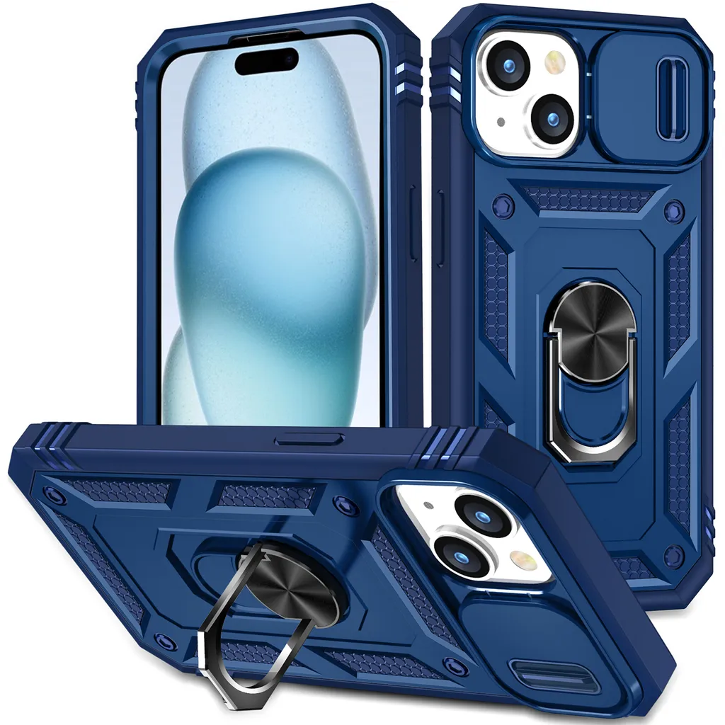 Elegante Custodia iPhone 15 Blu con Protezione Fotocamera e Stand - 1