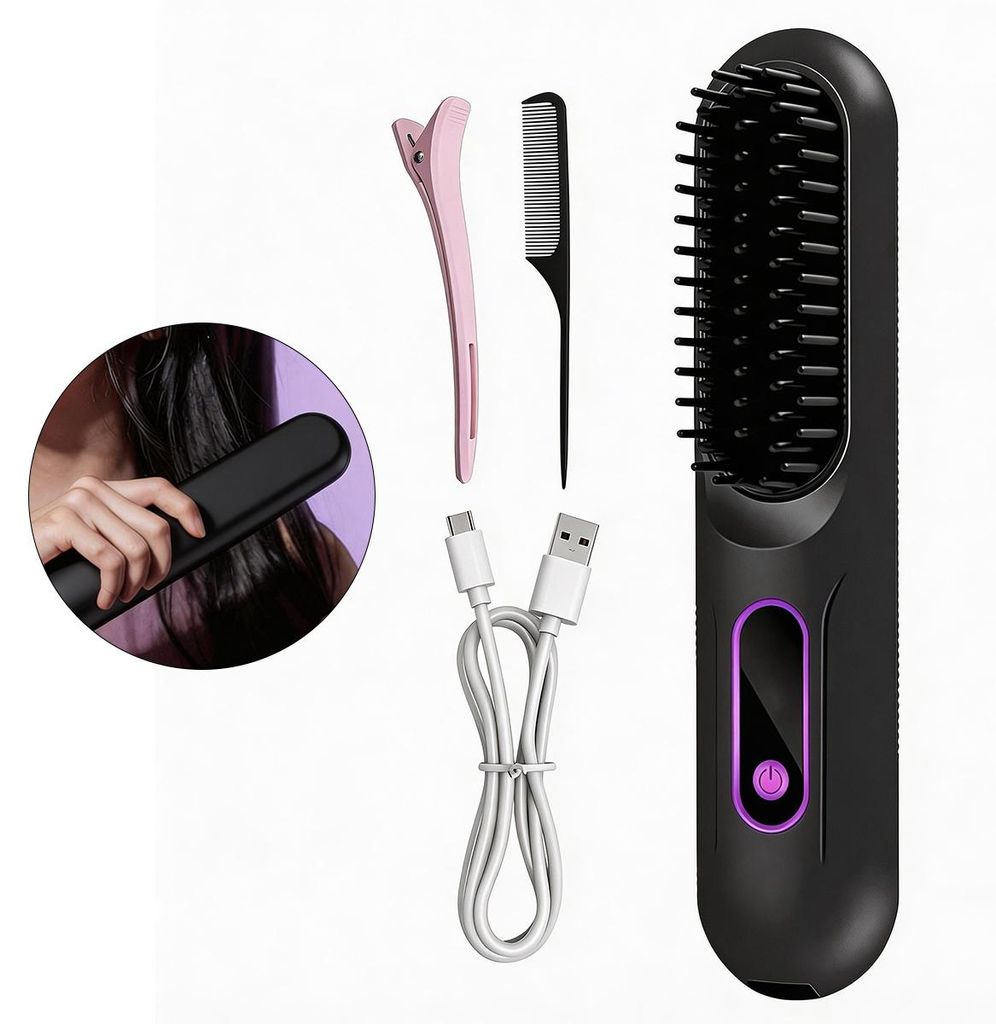 2-in-1 Glätteisen kabellos, Mini Glättbürste, 3 Temperaturstufen, LED Display, 10s Aufheizen, USB wiederaufladbar, für Glätten & Locken, Reise...