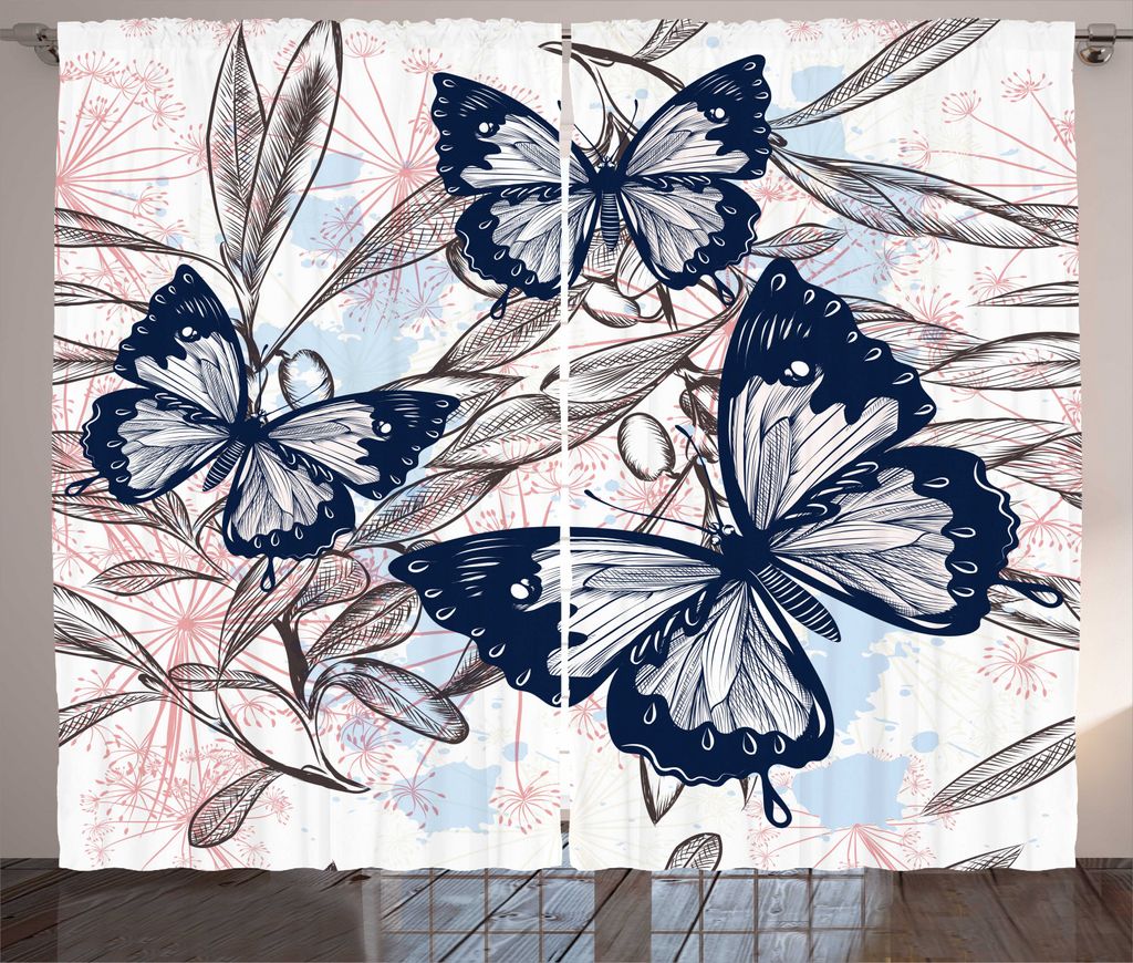 ABAKUHAUS Schmetterling Rustikaler Vorhang, Detaillierte Skizze Blatt Kunst, Wohnzimmer Universalband Gardinen mit Schlaufen und Haken, 280 x 225 c...