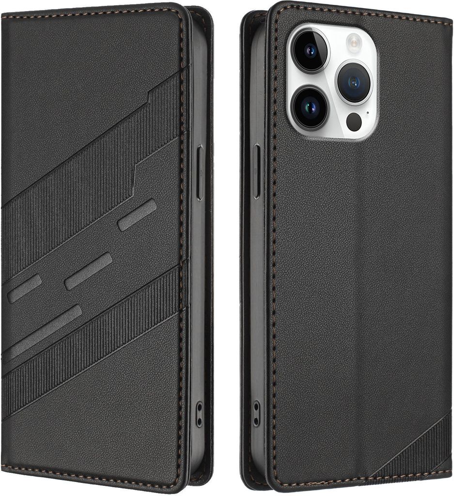 Hülle für iPhone 16 Pro Max, Kunstleder Brieftaschen Handyhülle mit Kartenfach und Standfunktion Schwarz