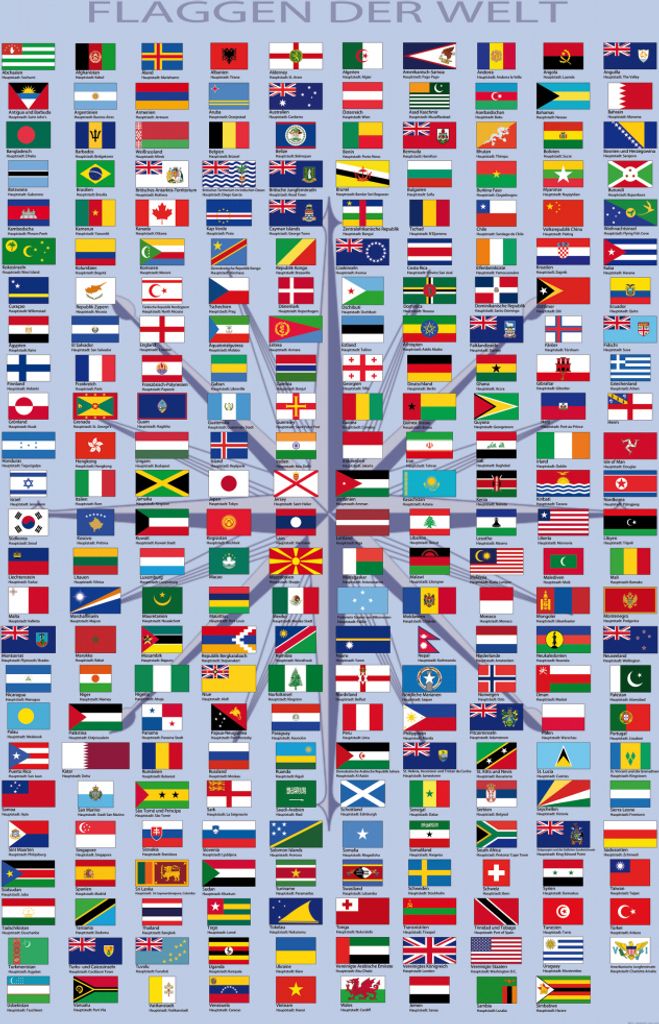 Flaggen Der Welt Kunstdruck Bild - Ländernamen Und Hauptstädte, In Deutsch (180 x 120 cm)