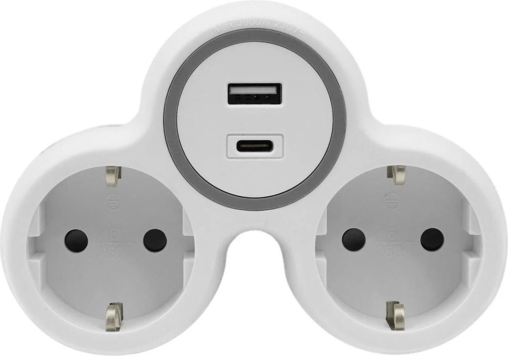 A white electrical adapter with two European-style outlets and two USB ports.