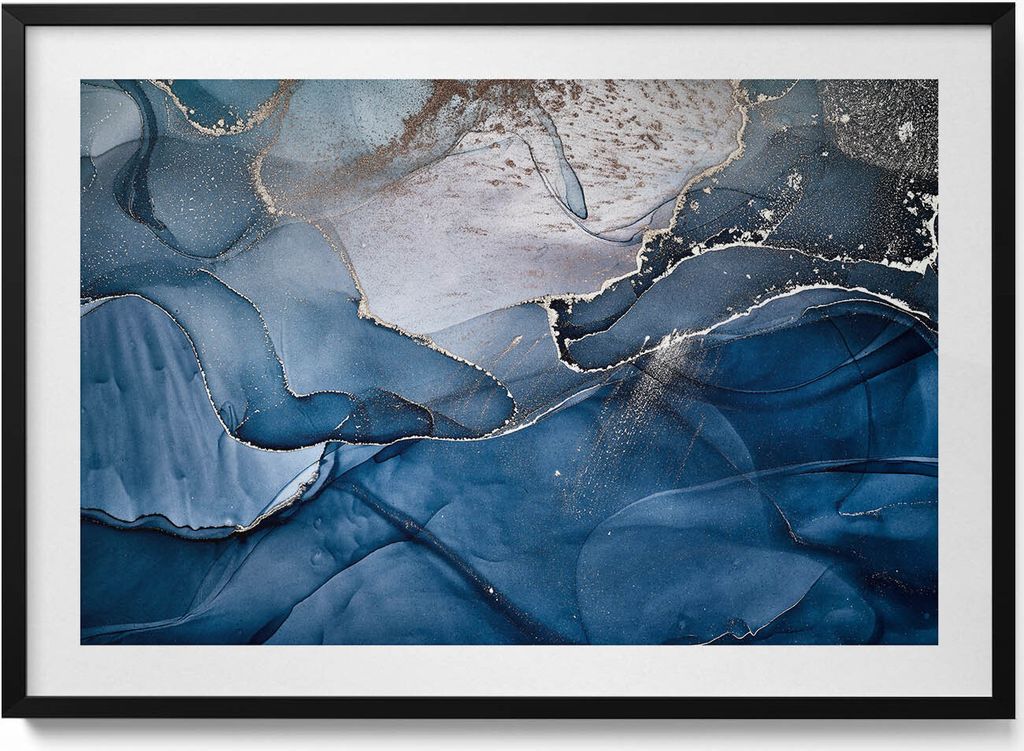 Blaue Abstraktion mit Gold– Wandbild mit Rahmen – Gerahmtes Bild – Wanddekoration – 100x70 cm – Schwarz Rahmen