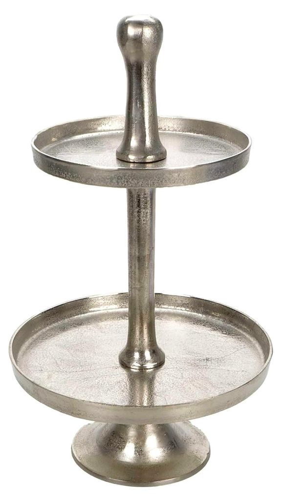 Aluminium Etagere 2-stöckig 67 cm – Silber Antik-Optik, 2 große Platten Ø 40/32 cm, leicht und stabil, Dekotisch für Obst, Tee-Service und He...