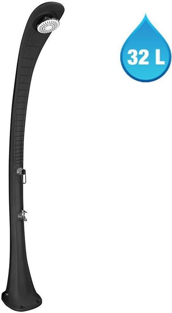 A black outdoor shower with a curved design and a water droplet icon indicating capacity.