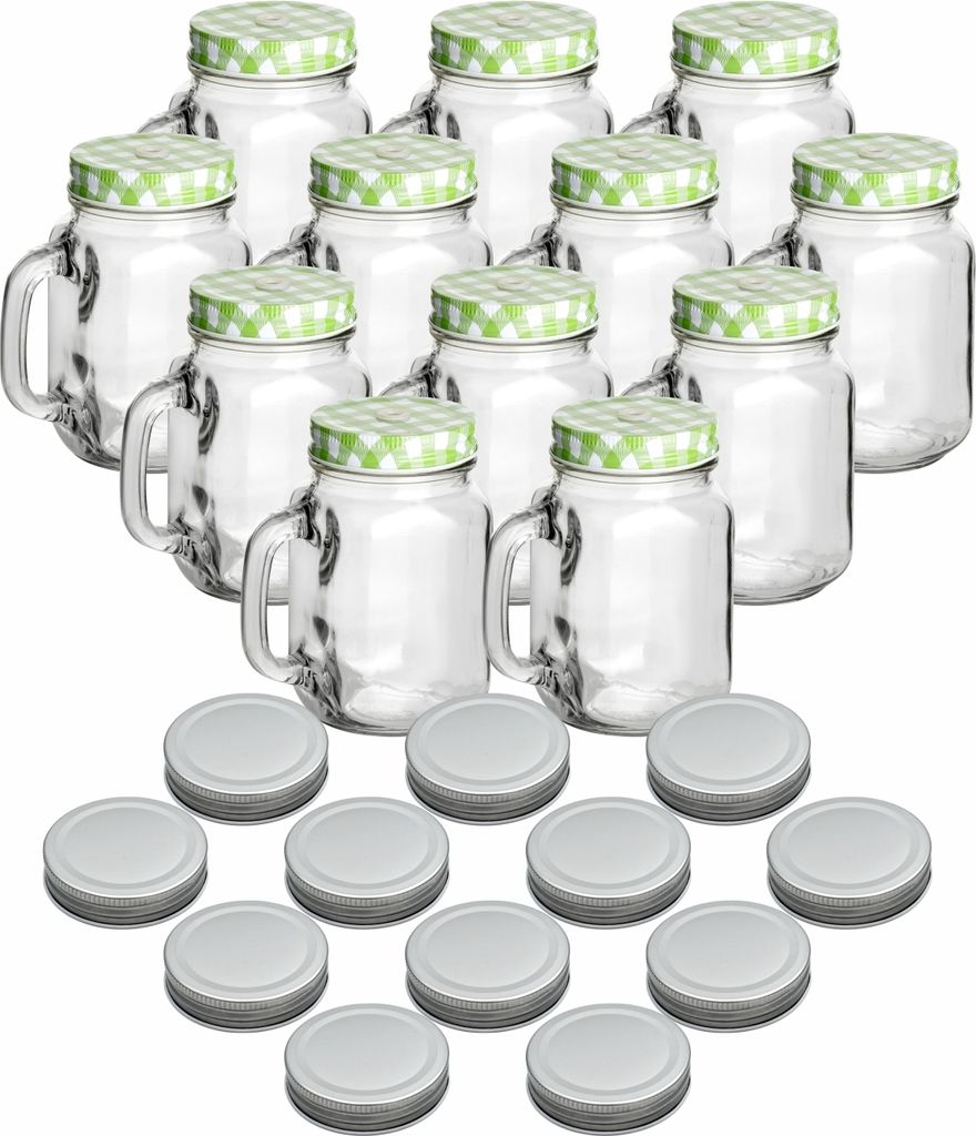 gouveo 12er Set Trinkgläser 450 ml mit Deckel grün, silberfarben - Trinkglas mit Henkel und Drehverschluss - Henkelgläser mit Deckel