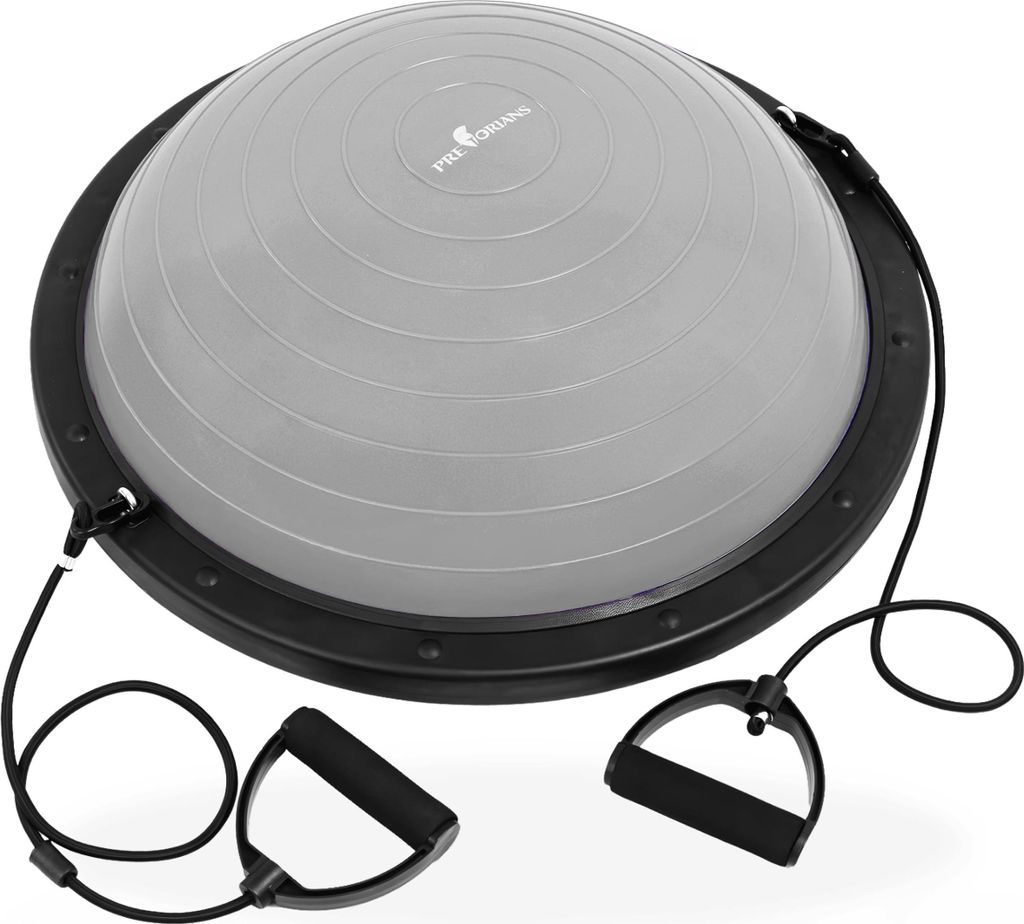 A gray and black balance trainer with resistance bands and handles is shown against a white background.