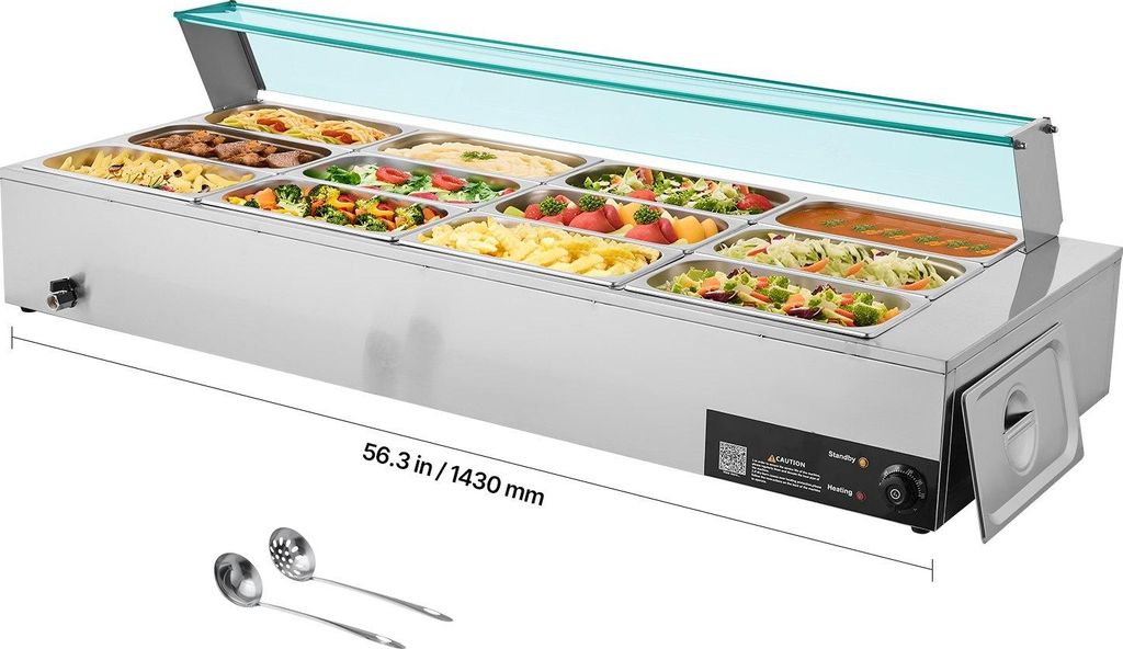 Speisenwärmer Bain-Marie/Chafing Dish - Elektrischer Gastro Warmhaltebehälter - 12 x GN 1/3 Behälter - 1,7 kW Leistung - Edelstahl - Glasabdecku...
