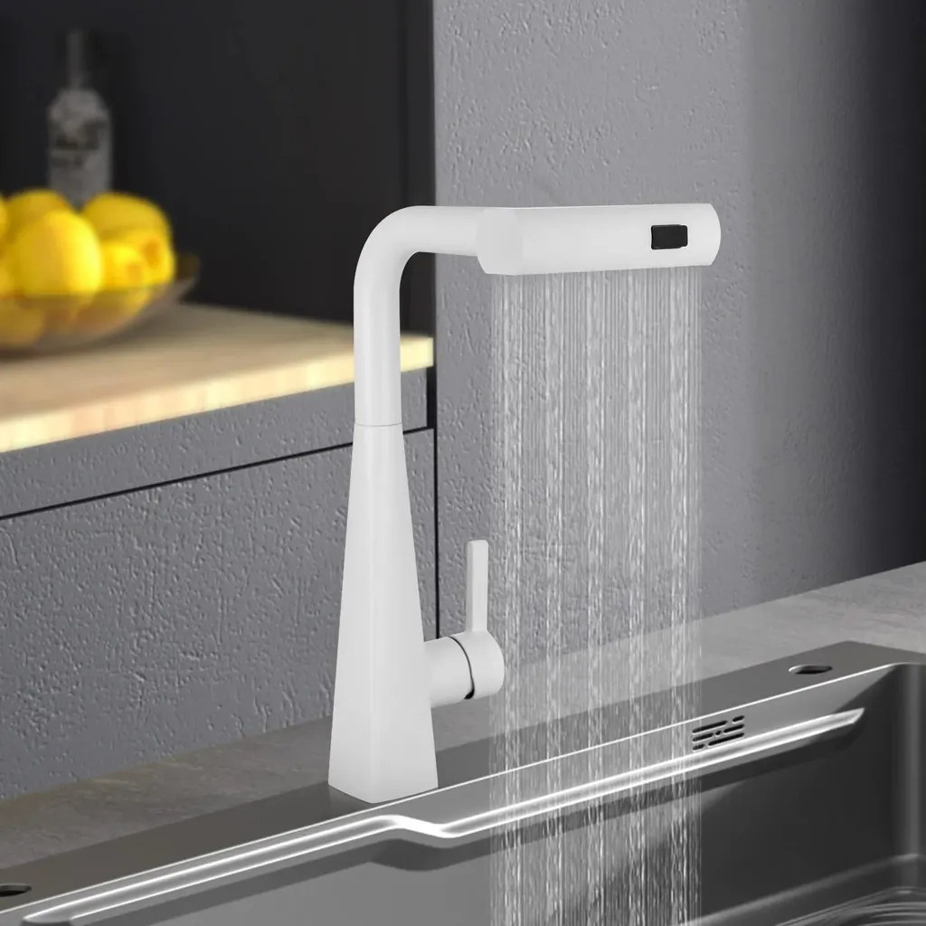 Rubinetto Cucina 3 In 1 Girevole A Cascata – Estrattile, Con Display LED Temperatura, Bianco, In Rame - 4