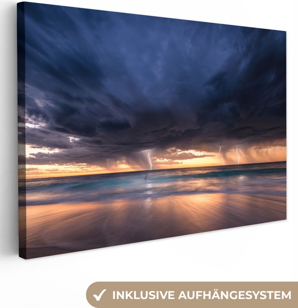 OneMillionCanvasses - Leinwandbilder - 140x90 cm, Sturm am Strand von Perth, Wandbilder Kunstdruck Wanddekoration - Foto auf Leinwand - Gemälde ...