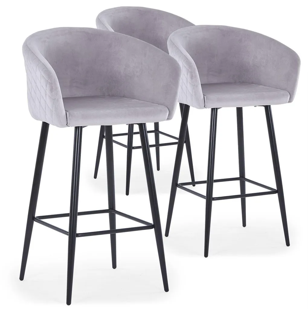 MENZZO Bobby Lot de 3 Chaises de Bar en Velours Argent Chic et Élégant