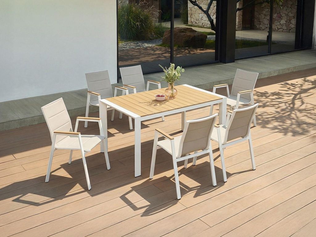 Gartenset aus Aluminium: Tisch 150 cm lang und 6 Klappstühle – Hell naturfarben und weiß – LIOUS von MYLIA