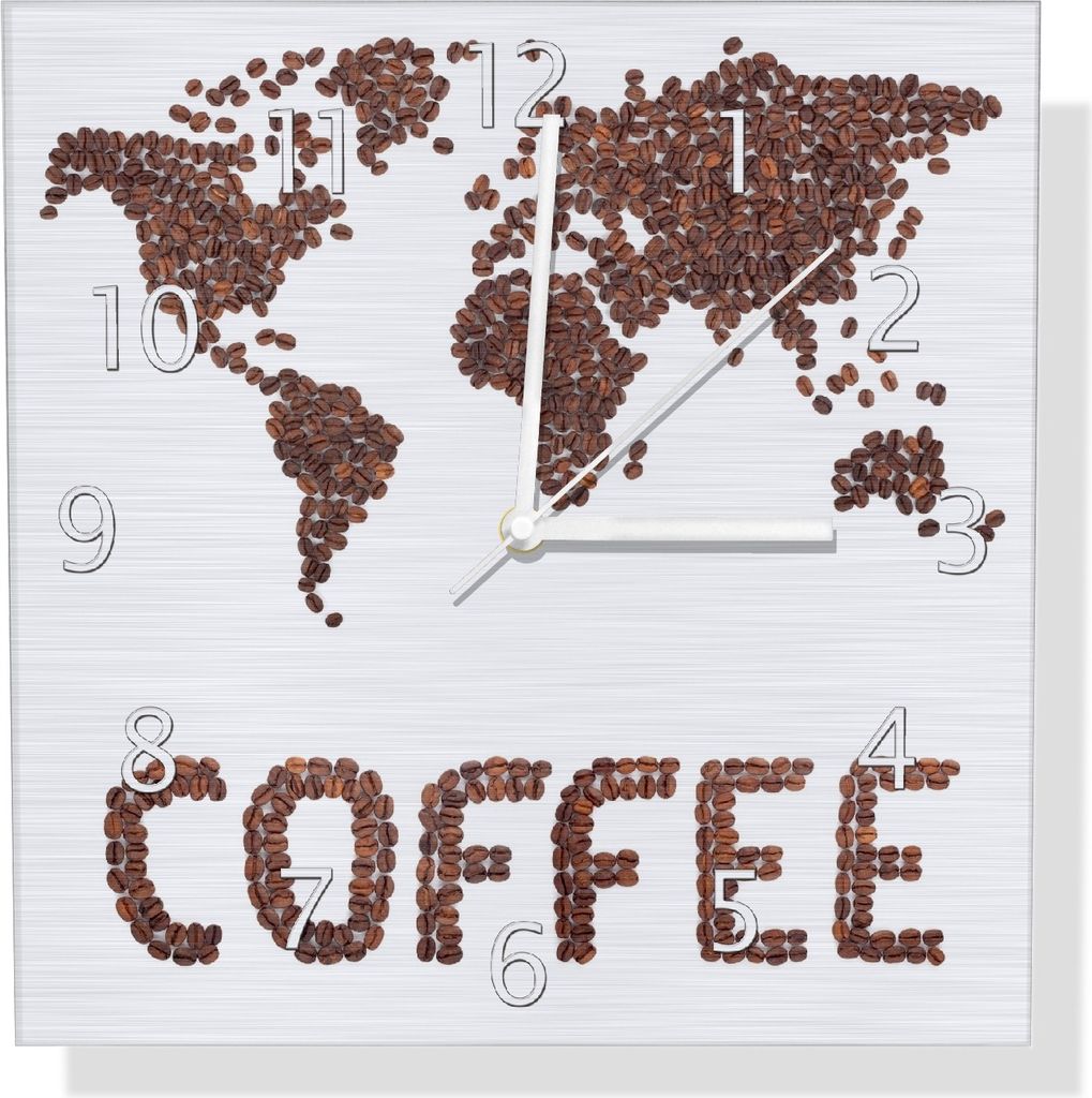 Wallario Design Wanduhr Weltkarte mit Schriftzug aus Kaffeebohnen aus Aluverbund, Größe 30 x 30 cm