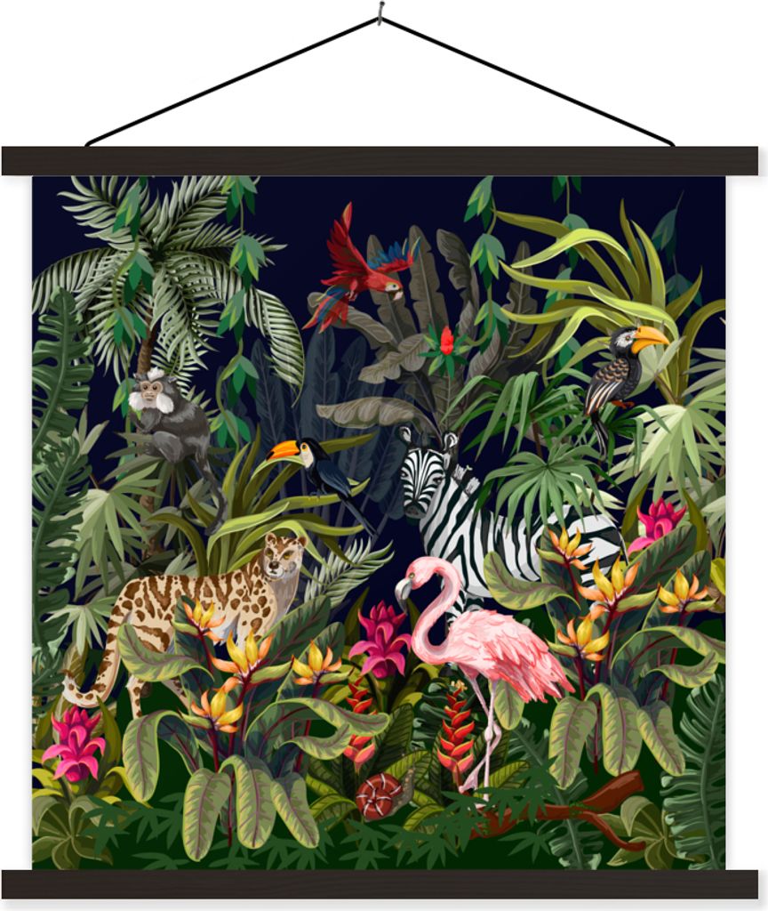 MuchoWow Textilposter Dschungeltiere - Natur - Jungen - Mädchen - Flamingo - Zebra 120x120 cm mit schwarzem Rahmen - Aufhängungsset