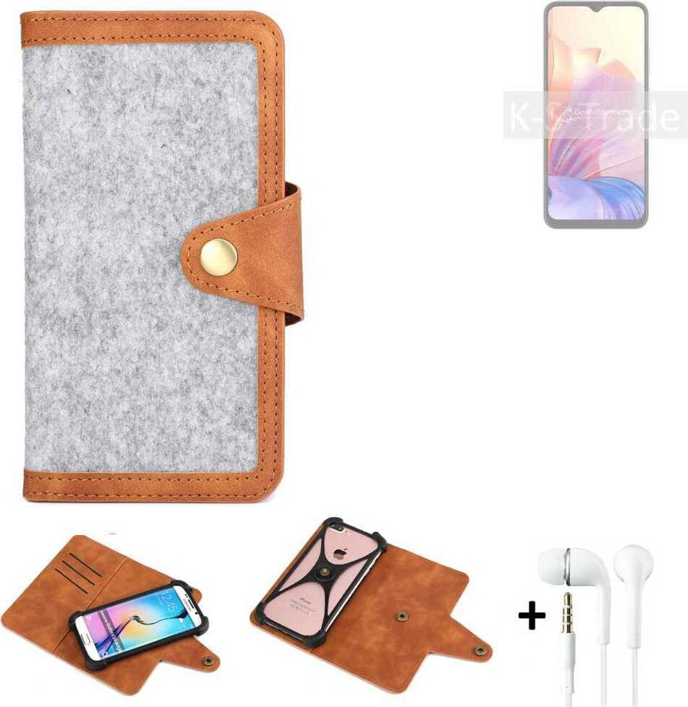 K-S-Trade Handyhülle + Kopfhörer kompatibel mit Blackview Oscal C80 Schutzhülle Filz Hülle Kunstleder hellgrau braun (1x)