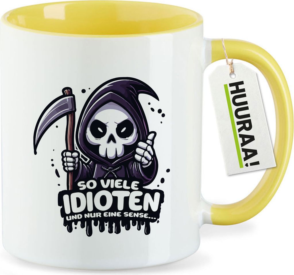 Huuraa Kaffeetasse So viele Idioten nur eine Sense Sensenmann 330ml Gelb Keramik Kaffeebecher Geschenkidee