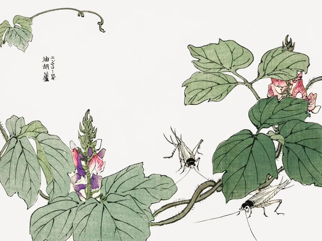 Poster 100x75cm Vintage Japan - Morimoto Toko Foglia e Fiore Living